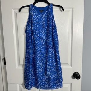 Ann Taylor Petite size 0P 100% silk layered dress, blue/cream, flowy, feminine